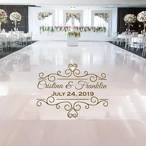 Autocollant de sol personnalisé en vinyle pour sol de mariage - Décoration de fête - Nom et date personnalisés - Autocollant mural (L 72 x 42 cm)