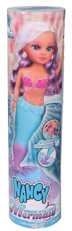 Nancy Magic Colour Mermaid, 100% sjöjungfru, svans och bikini ändrar färg med vatten, blond man med lila vekar och skalformade örhängen, från 3 år, känd (NAC86000)