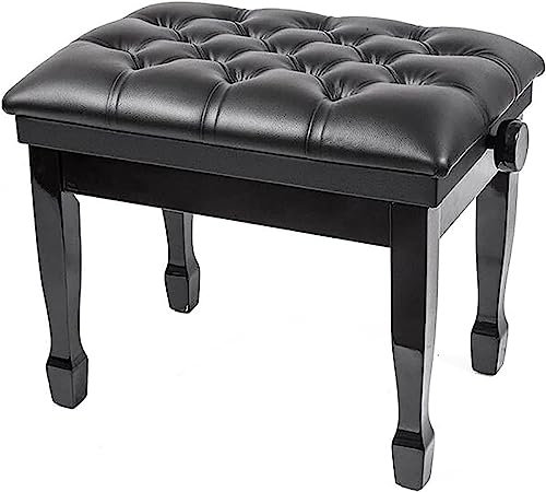 Klavierhocker, Frisiertischhocker, höhenverstellbare Klavierbank mit Ablagefach, gepolstertes Kissen aus echtem Leder, belastbar bis 180 kg, 58 x 41 x 48–58 cm, Schwarz
