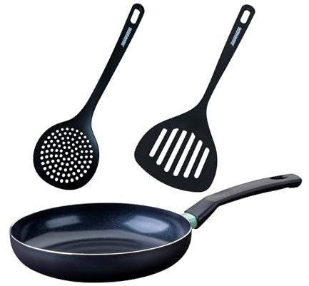 Fackelmann Fenix Set de Sartén 24 cm más Utensilios de Cocina, incluye Espumadera y Espátula de Ranuras, 100% Plástico Reciclado RPET de Alta Resistencia, Color Negro, Aptos para Lavavajillas