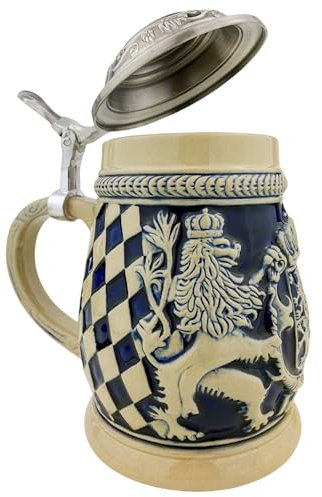 EVERSTYLE Boccale da birra con coperchio, 0,6 l, classica boccale in pietra bavarese con stemma in rilievo, ideale per la casa, come decorazione e da collezione, regalo per uomini, amanti della birra