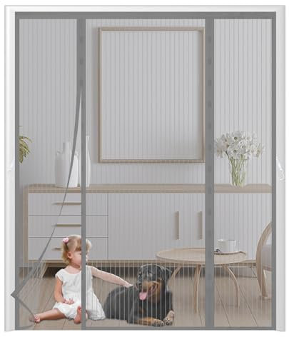 zanzariera magnetica 155x230cm,Porta balcone con zanzariera magnetica, Due laterale apertura tenda zanzariera,Tenda Anti-Zanzara Chiusa Automatica-Grigio con strisce