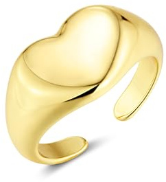 ALEXCRAFT Bague Large Or Femme Homme, Plaqué Or 14 Carats, Chevalière Cœur, Bague Épaisse Réglable, Bagues d'Amitié Mode, Acier Inoxydable, Cadeaux de Bijoux