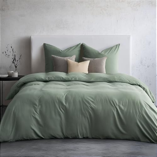 WohlNest Bettwäsche 220x240 Grün,220x240 Bettwäsche-Sets Salbeigrün 1 Bettbezug 220x240 + 2 Kissenbezüge 65x65 cm,ÖKO-TEX Bügelfreie Bettwäsche Microfaser mit Reißverschluss