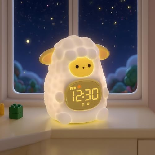 Wecker Kind Mädchen, Wecker mit Nachtlicht für Kinder mit Schlaftraining und Sound-Maschine, wiederaufladbare Digital-Lammlicht-Schlafzimmer-Dekoration, Geburtstagsgeschenk