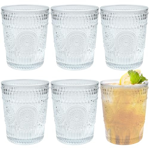 Roellgs Lot de 6 verres vintage romantiques transparents empilables pour café, cocktail, bar, boissons, thé, lait, yaourt, whisky, motif floral en relief