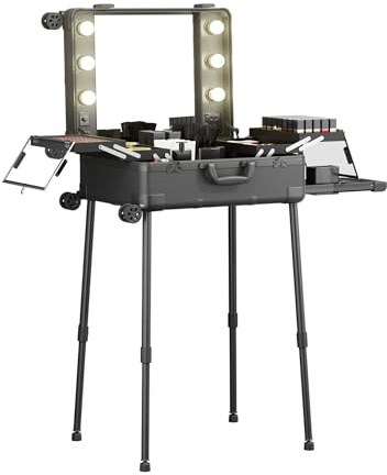 Make-up-Koffer mit Aluminium-Rollen, großer Spiegel mit 6 Ampullen, Kosmetik-Organisation mit Codeschloss, zusammenklappbare Make-up-Koffer-Station für Reisen und professionelle Studios