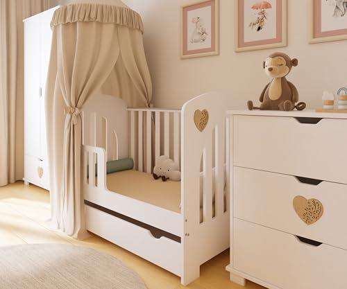 ZEE - Babybett Kinderbett, 2w1 Bett Heart - mit Schublade auf kugelgelagerten Schienen, Schutzgitter und Verstellbarer Rahmen - Wächst mit dem Kind - 120x60cm - Weiß/Natürliches Herz