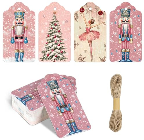 Whaline 60 etichette di carta di Natale rosa schiaccianoci etichette da appendere all'albero di Natale, etichette con corda di canapa per feste invernali fai da te forniture
