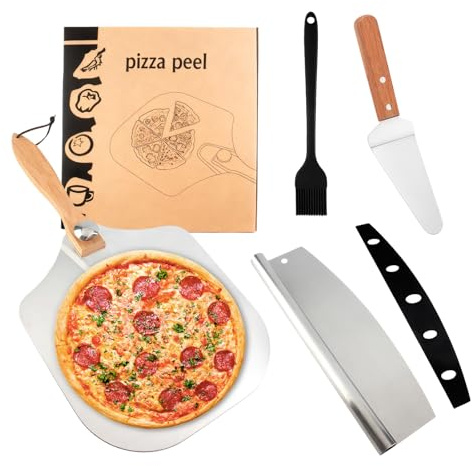 12 Inch Folding Pizza Pans 4-Piece Set - Perforated Aluminum Pizza Paddle, Turner, Spatula & Brush for Homemade Pizza, Bread and Pie