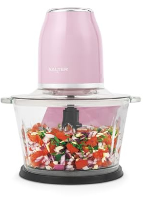 Salter Retro Pink Food Chopper - Electric 1.2 Litre, 2 Speed Settings, Dual Stainless Steel Blades, Anti-Slip Base, Make Dips, Salsa, Dressings, Fruit, Hummus & More, Baby Food Blender, 500 W