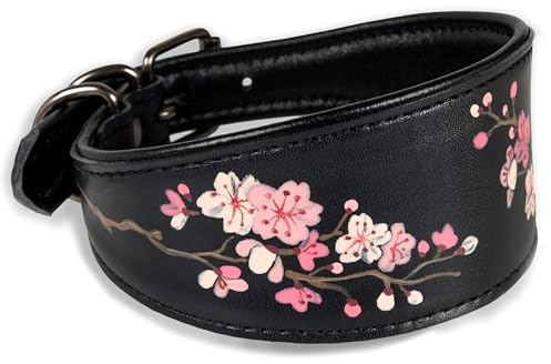 FAVPET Handbemalter Echtleder Windhund Halsband Breit mit QR Code Anhänger, Weiches Lederhalsband Hund Whippet Italienisches Windspiel Saluki Lurcher Spanischer Galgo Podenco (Rosa Sakura, XS)