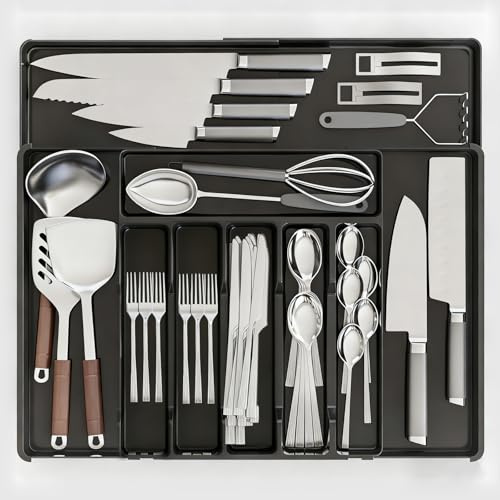 YUNYDSM Besteckkasten für Schubladen, Schubladen Organizer, 6-9 Fächern, Verstellbarer Besteckeinsatz Breite von 32 bis 54 cm, Kunststoff Utensilienhalter Besteckeinsatz für Messer/Gabel/Löffel