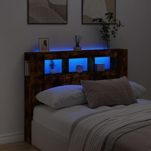 Qnhdfrt LED Kopfteil 140 cm Räuchereiche mit RGB Beleuchtung Holzwerkstoff Modernes Design und Ablage für Bett Gestell Schlafzimmer und Gästezimmer
