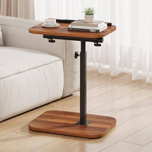 MYBEILEYI TV Tray Table, Adjustable Height, Flip-Top, Snack Side Table with 360° Swivel and 180° Tilt, C Shaped End Table for Couch, Sofa, Bed, Recliner, Walnut