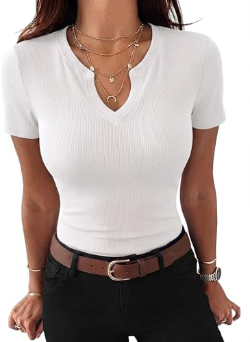 Gyabnw T Shirt Femme Col V Slim Fit À Côtes Manches Courtes Haut Femme Été Style Sexy pour L Été