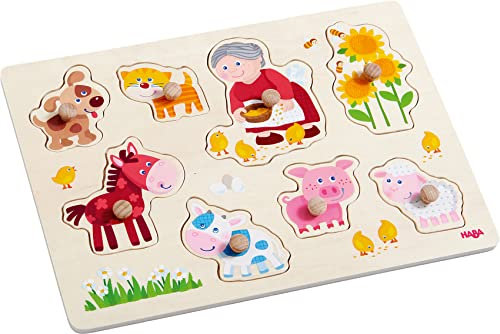 HABA 303183 - Greifpuzzle Oma Lenis Tiere , Holzspielzeug ab 12 Monaten , 8-teiliges Puzzle aus Holz mit bunten Tiermotiven , Mit großen Knöpfen zum Greifen
