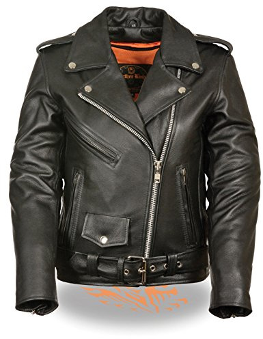 Women's Classic Black Premium Leather Motorcycle Rider Jacket with Built-In Belt (US, Alpha, Medium, Regular, Regular, Black)