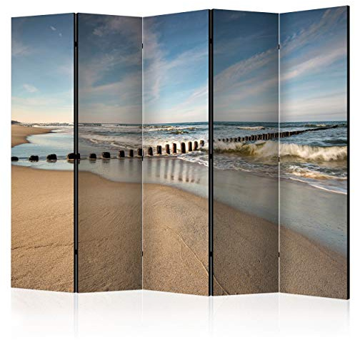 decomonkey Paravent Raumteiler Innen Strand Meer, 225x172 cm, 5-teilig | Beidseitig, Natur, Wohnzimmer, Room Divider, Wall, Raumteiler Stehend, Trennwand, Sichtschutz, Spanische Wand, Holz