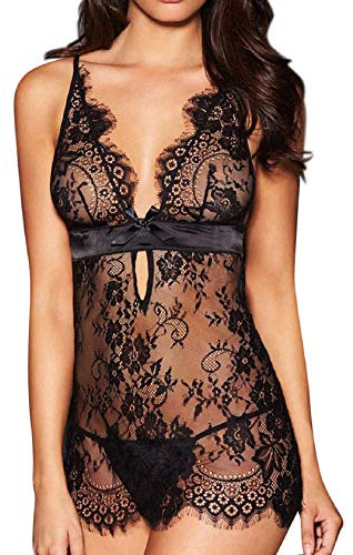 Tuopuda Babydoll Damunderkläder String Sexig Transparent Spets Nattlinne Pyjamas Badrock Spets Underkläder Nattlinne För Bröllopsnatt, Smekmånadssemester, Resa, Svart, S-M