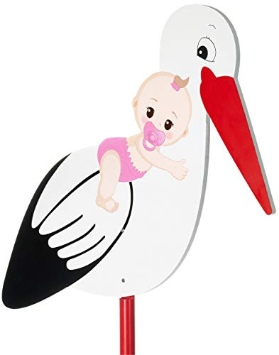 Brubaker Großer Storch aus Holz mit Baby Rosa - Klapperstorch zum Stecken | Für Innen und Außen - Geburt Babystorch für Mädchen - Geburtsgeschenk 100 cm groß, beidseitig bedruckt