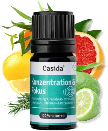 Casida® Konzentration & Fokus Duftmischung ätherische Öle mit Grapefruitöl, Rosmarinöl, Eykalyptusöl, Zitronenöl, Bergamottenöl - für eine bessere Konzentration - 5 ml - Aus der Apotheke
