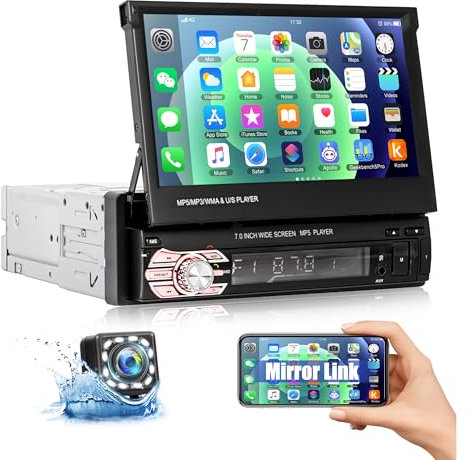 CAMECHO Bluetooth 1 DIN Pantalla Extensible motorizada, Radio de Coche con Pantalla de 7 Pulgadas Cámara de Marcha atrás Radio de Coche con Pantalla táctil abatible con BT/AUX/USB/TF/Mirror Link