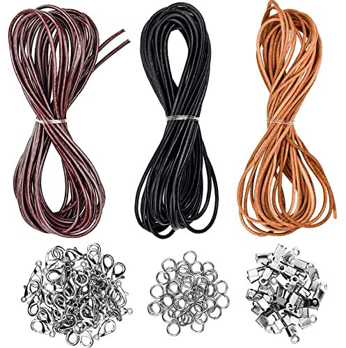 3 Piezas Cordón de Cuero, 5m x 2mm Cordón Cuero Redondo con Anillos de Salto Cierres de Langosta Extremos de Crimpado para Fabricación de Joyas - Café Negro Marrón