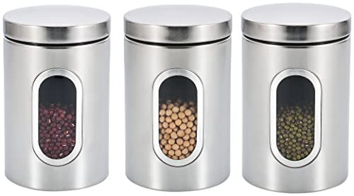 Royal Cuisine Juego de 3 botes redondos de acero inoxidable con ventana transparente y varios tarros de almacenamiento de alimentos (plata)