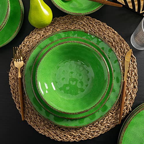 LEHAHA Set di stoviglie in melamina vintage crackling, set da 12 piatti e ciotole, ideale per campeggio, camper, durevole e resistente alle scheggiature, servizio per 4 (verde)