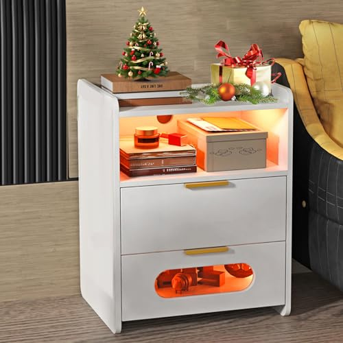 HaodaCulture Table de Chevet LED, Table de Nuit Connectée, 2 Ports et 2 Prises USB, 16 Couleurs LED Réglable, Chevet de Lit avec 2 Tiroirs, pour Chambre à Coucher, Salon, 50x40x64cm