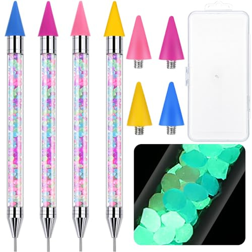 Tatuo Lot de 4 stylos à pointiller pour strass brillants avec 4 pointes supplémentaires à double extrémité pour peinture diamant strass pour strass et strass applicateurs pour manucure, bricolage