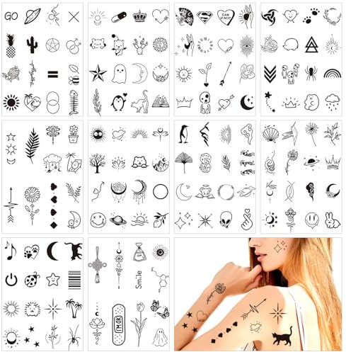 Zasjon 10 Feuilles Tatouage Ephemere Femme 154 Modèles Noir Tatouages Temporaires Autocollants Imperméables pour Adulte Enfants pour Cou Bras Mains, Réalistes Faux Tatouage pour Hommes Femmes