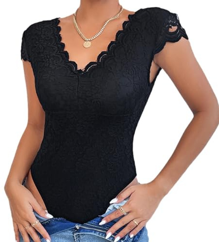 ODIZLI Spitzen Oberteile Damen Spitzenbody Elegant Sexy Kurzarm V-Ausschnitt Blume Spitze Durchsichtig Rückenfreies Enge Body Bodysuit Spitzentop Spitzenbluse Festliches Party Blusenbody Schwarz L