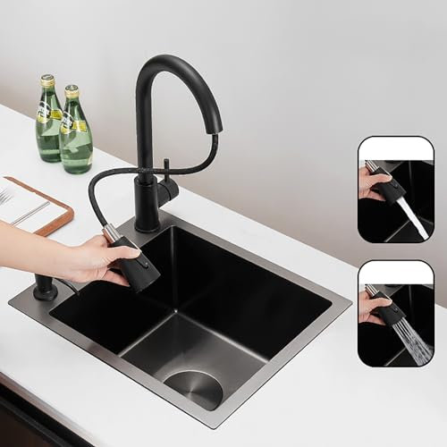 Lavello da cucina, Lavello a barra laterale, Lavello da cucina a vasca singola nero, Lavabo for balcone; Lavello sottopiano da incasso con rubinetto estraibile e dispenser sapone (Size : 36x36x21cm(1
