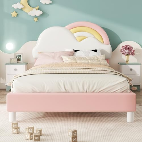 MQLAE Polsterbett 90x200cm mit kuscheligem Regenbogenwolken-Kopfteil und Lattenrost, Verstellbares Kopfteil, Einzelbett, Kinderbett, Jugendbett, Jungen-Mädchen Bett, Holzlattenrost, PU, Rosa