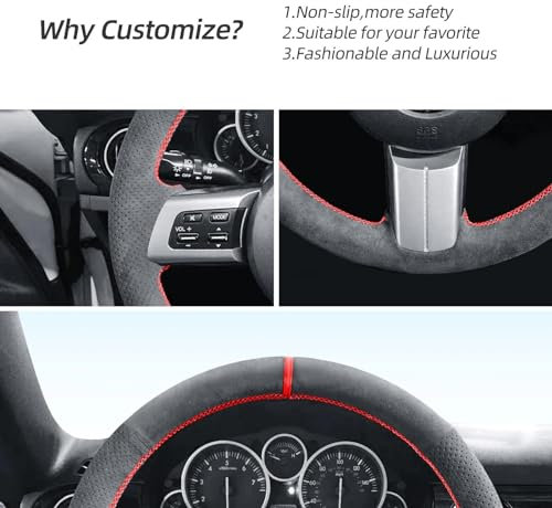 WQKRBMGU Handstich Alcantara Lenkradbezug Schwarz Mikrofaser 38cm Durchmesser Kompatibel mit Mazda MX-5 Miata RX-8 CX-7 2007-2013 PKW