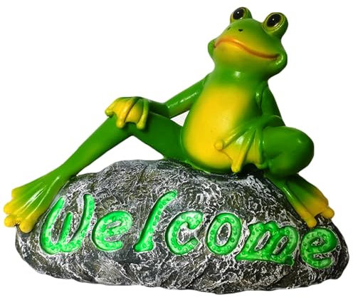 KAIXIAOH Gartendekoration, Frosch mit Willkommensschild-Figuren, Outdoor-Landschaftsdekor-Statue, wasserfeste Harzskulptur für Hof, Rasen, Haustür