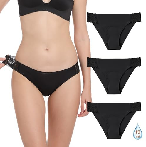 OEIOEI Perioden Unterwäsche Schwarz Menstruationsunterwäsche Leichte Blutung Period Panties 3 Pack (M, 3 Schwarz)