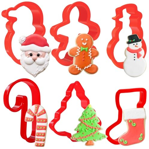 Orapink 6 Pcs Plastic Christmas Cookie Cutter Set - Gingerbread Man, Tree, Snowman, Stocking, Candy Cane and Santa Claus for Baking