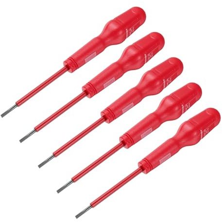 QUARKZMAN 5pcs 1000V Tournevis Isolé Magnétique Électrique à Fente 3mm x 75mm CR-V Électriciens Plat Tête Tournevis, Rouge