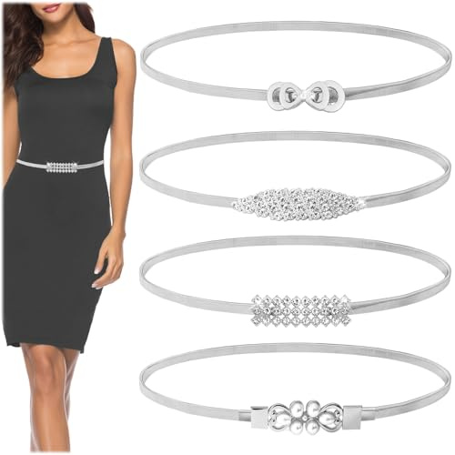 Realand 4 Stück Damen Skinny Stretchy Taillengürtel Mode Strass Perle Elastisch Dünn Metallkette Gürtel Cinch-Gürtel für Damenkleid