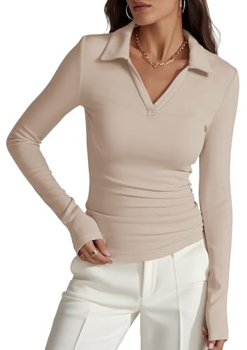 Prettywear Polo à Manches Longues pour Femme - pour Le Travail - Décontracté - Coupe ajustée - Col en V - Chemise d'automne 2025