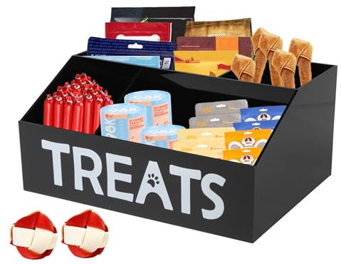 Ctomche Dog Treat Storage Container, 4-Compartment Airtight Acrylic Pet Food Bin - Large Capacity Dog & Cat Treat Jar for Kibble, Biscuits, Snack Storage Organizer (Black)