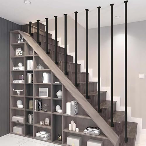 Schwarzer Schmiedeeiserner L-förmiger Innentreppe für Dachboden-Treppen, Sicherheits-Haltegriff mit komplettem Set, Deckenmontage, Geländer (1,3 m)
