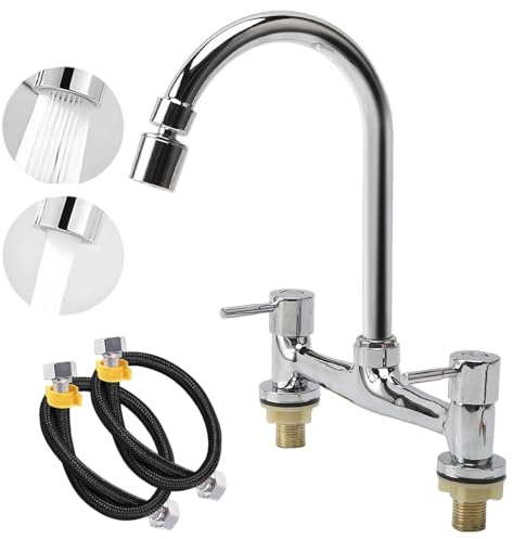 SH-RuiDu Kitchen Sink Mixer Taps, 2 Hole Kitchen Faucet with 360° Swivel Spout, Traditional Chrome Finish Dual Lever Taps with Dual-Mode Aerator for Hot and Cold Water