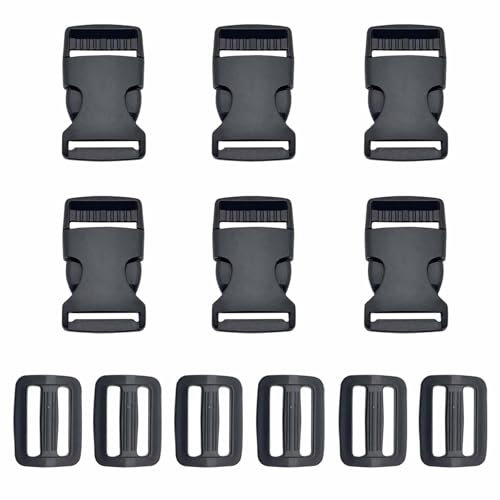KTHZI 6 Sets 25mm Plastic Buckle Clip,Side Release Buckle with Tri-Glide Sliders Replacement Bag Clasp for Dungaree,Backpack Chest Strap,Bag Making Hardware,Black