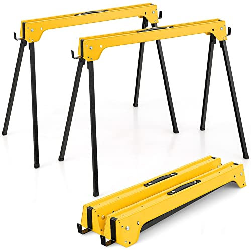 Folding Saw Horses - Heavy Duty Metal Trestle Stands, Portable Pair with Anti-Slip Top & Handle, Each Supports Up to 227KG, Ideal for Workbench Use,