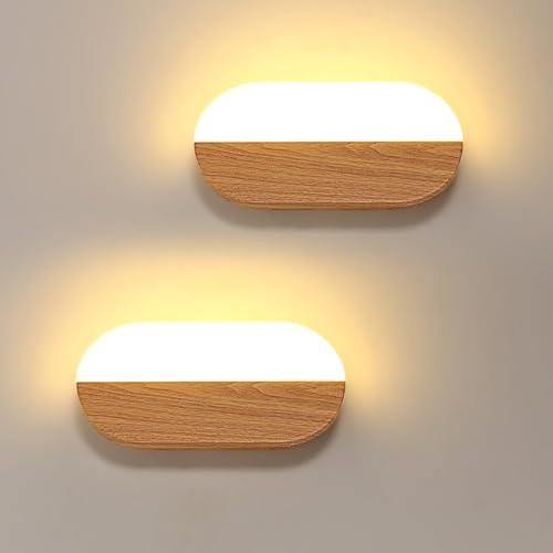Pheashine 7W LED Wandleuchte Holz Innen 2er, 6500K Kühles Weiß | Moderne Wandlampe Natürlichem Holzdesign für Wohnzimmer, Schlafzimmer und Flur