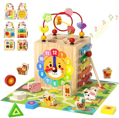 XIAPIA Juguetes Montessori de Madera para Niños de 1 2 3 Años, 7 En 1 Juguete Educativo para Bebé con Xilófono, Juego de Emparejar Formas y Cuentas Deslizantes, Regalo de Cumpleaños para Niños Niñas